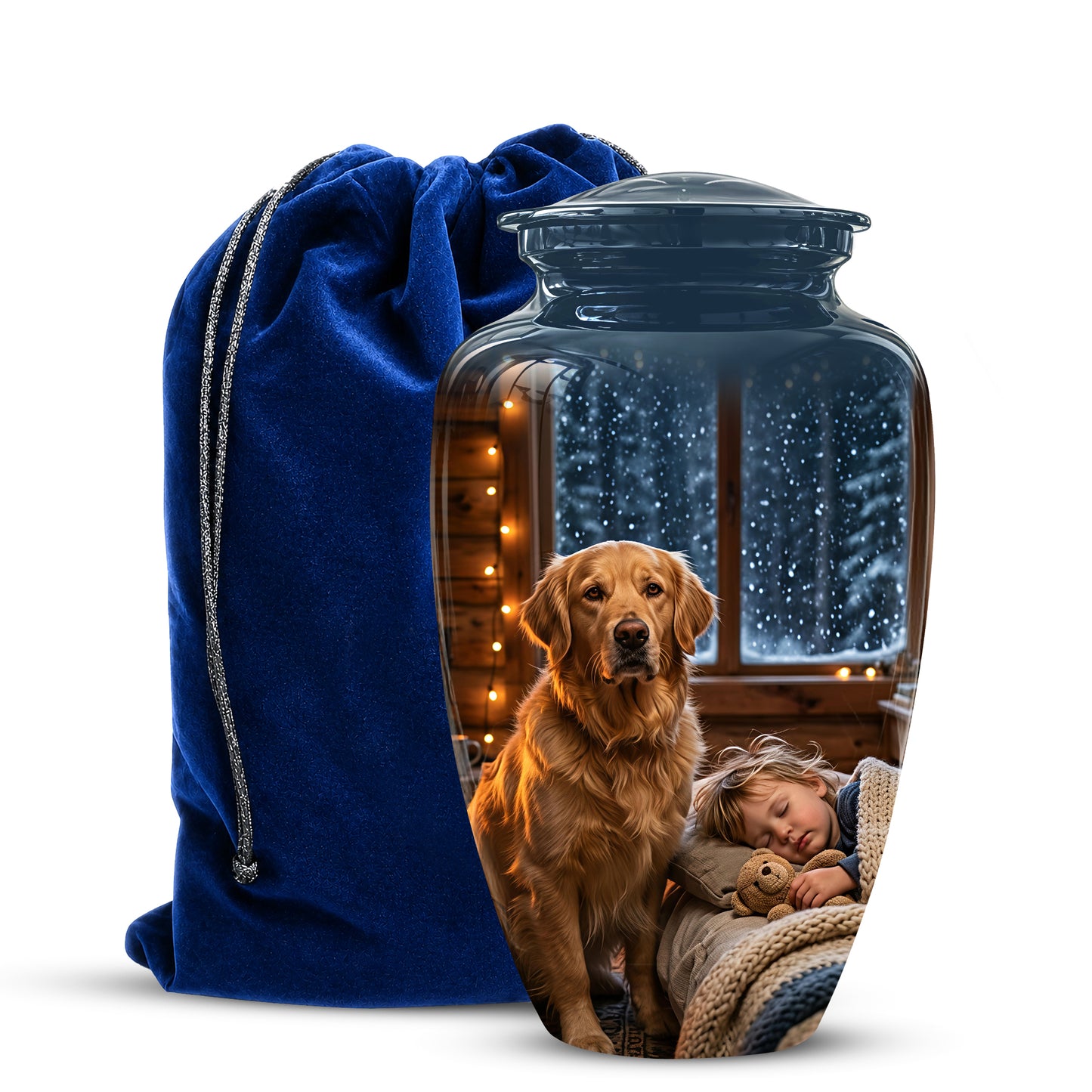 Cremation urn with a photo of a dog and child, accompanied by a blue velvet bag.