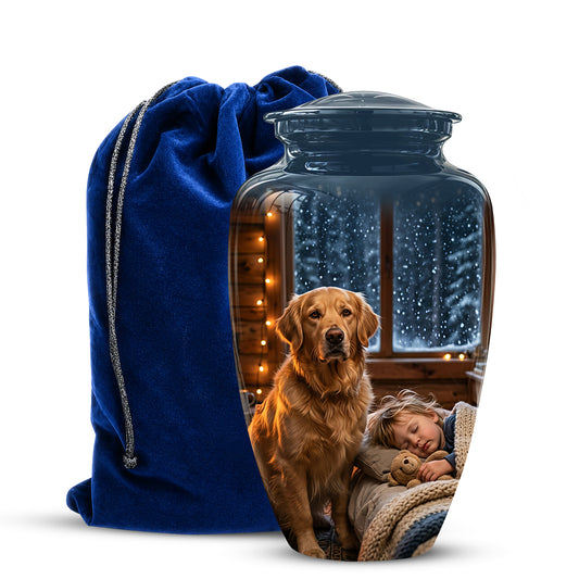 Cremation urn with a photo of a dog and child, accompanied by a blue velvet bag.