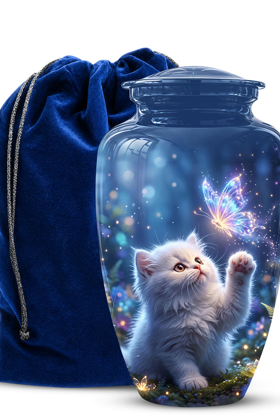White Cat With Majestic Butterfly - Blue Cremation Urns For Human Ashes