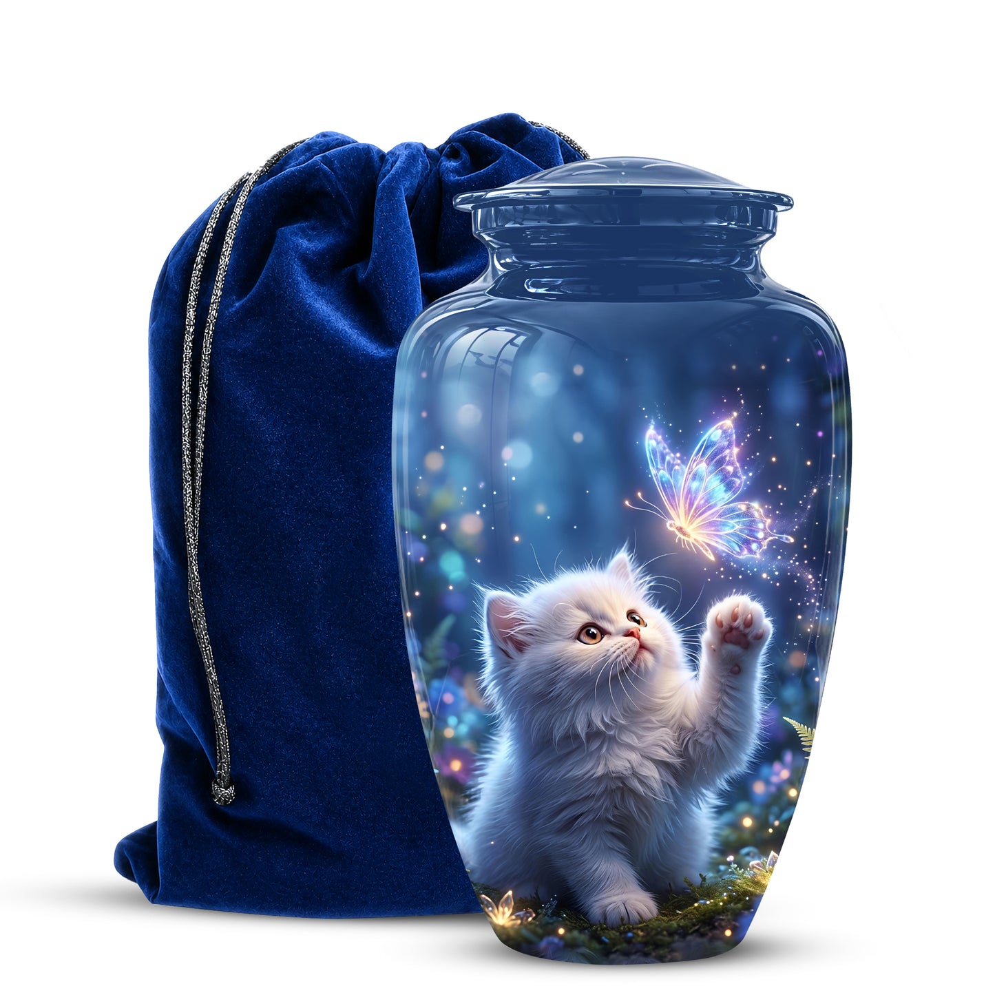 White Cat With Majestic Butterfly - Blue Cremation Urns For Human Ashes