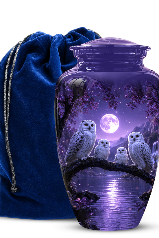 Snowy Owl Family Themed Cremation Urn - Purple Moonlight Memorial Urns
