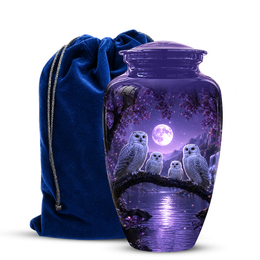 Snowy Owl Family Themed Cremation Urn - Purple Moonlight Memorial Urns