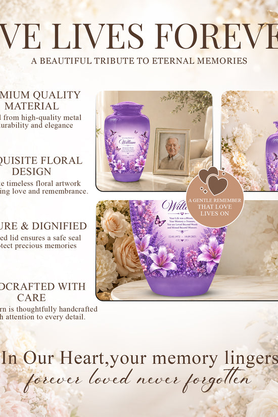 Lavender Hummingbird Urn – Purple Floral Urn for Human Ashes