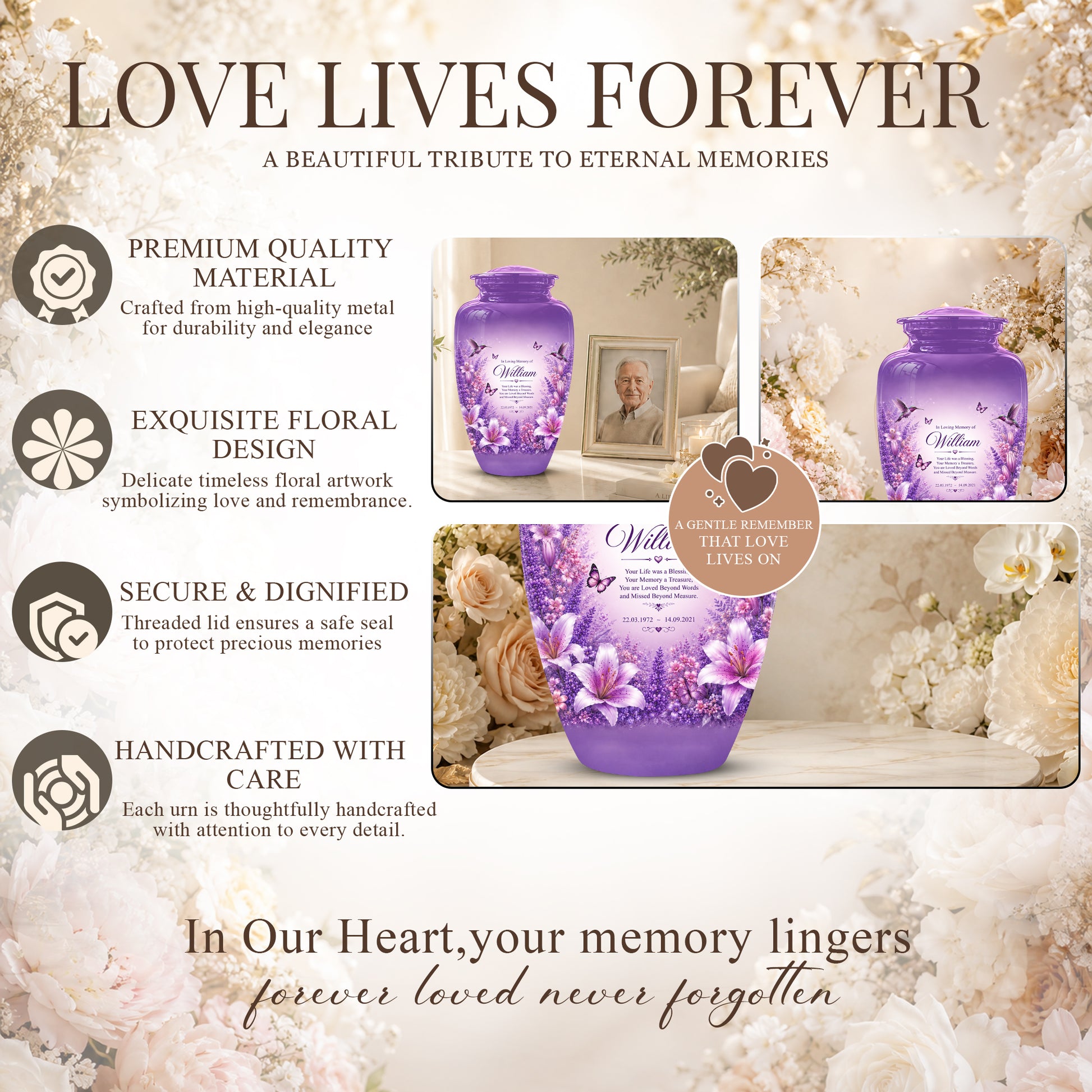Lavender Hummingbird Urn – Purple Floral Urn for Human Ashes