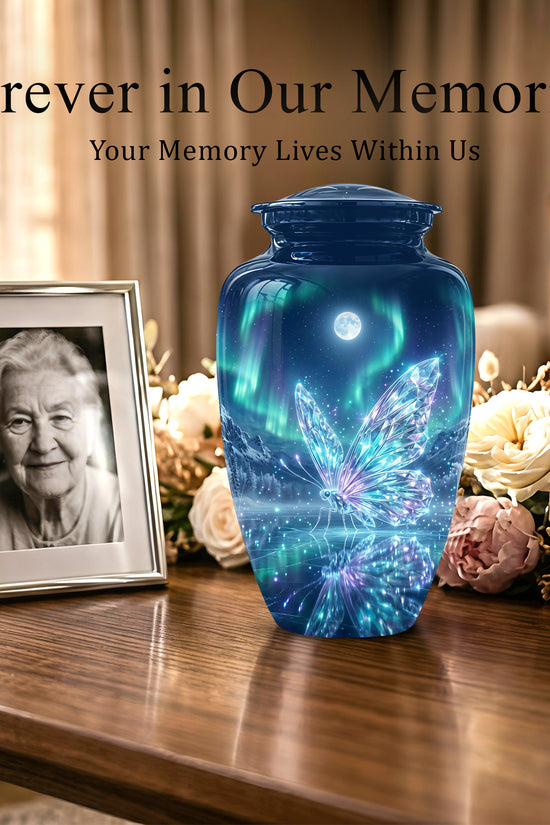 Glowing Butterfly Cremation Urn - Beautiful Blue Memorial Urns For Mom