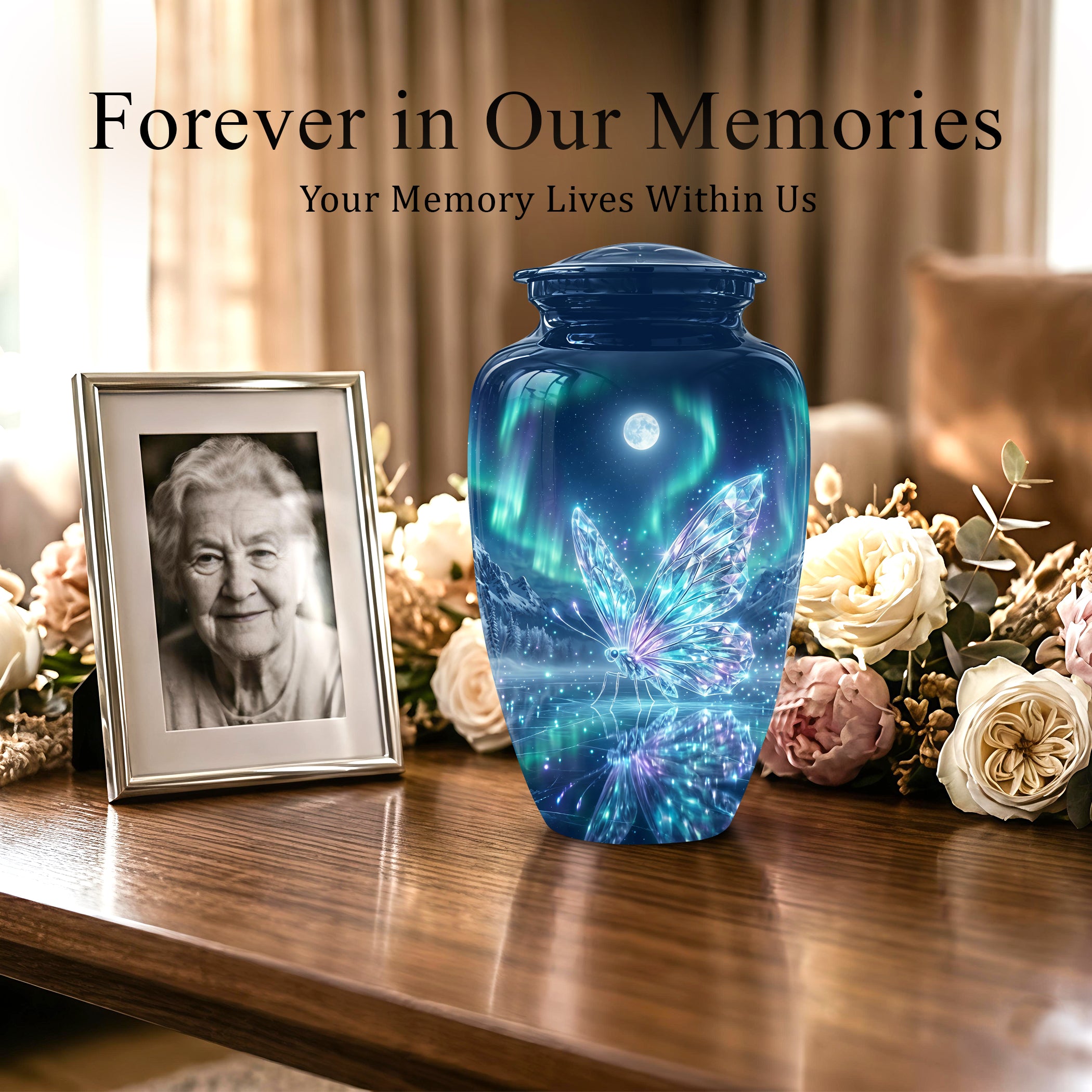 Glowing Butterfly Cremation Urn - Beautiful Blue Memorial Urns For Mom