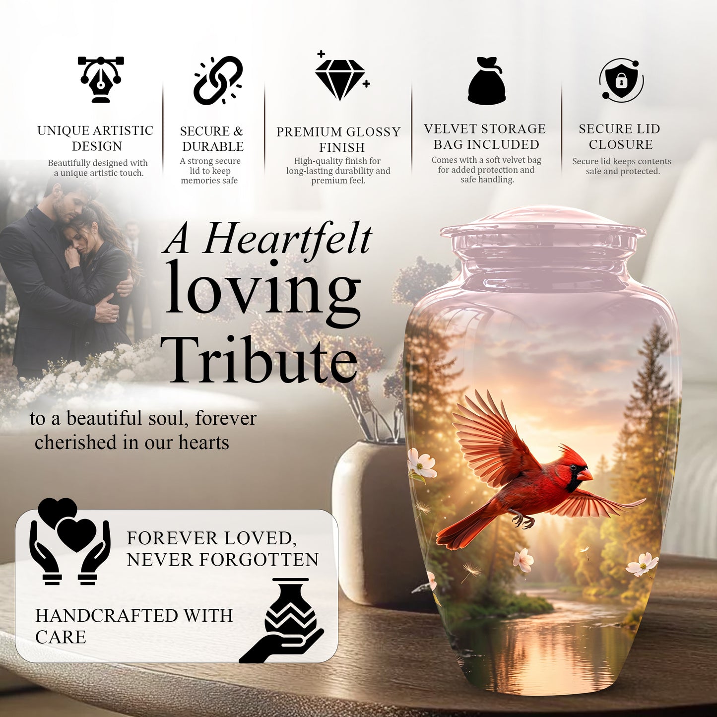 Red Flying Cardinal Bird - Personalized Memorial Urn For Human Ashes