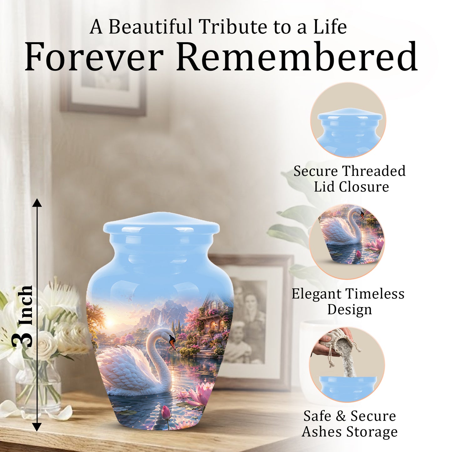 White Swan Themed Urn - Beautiful Custom Memorial Urns For Men & Women