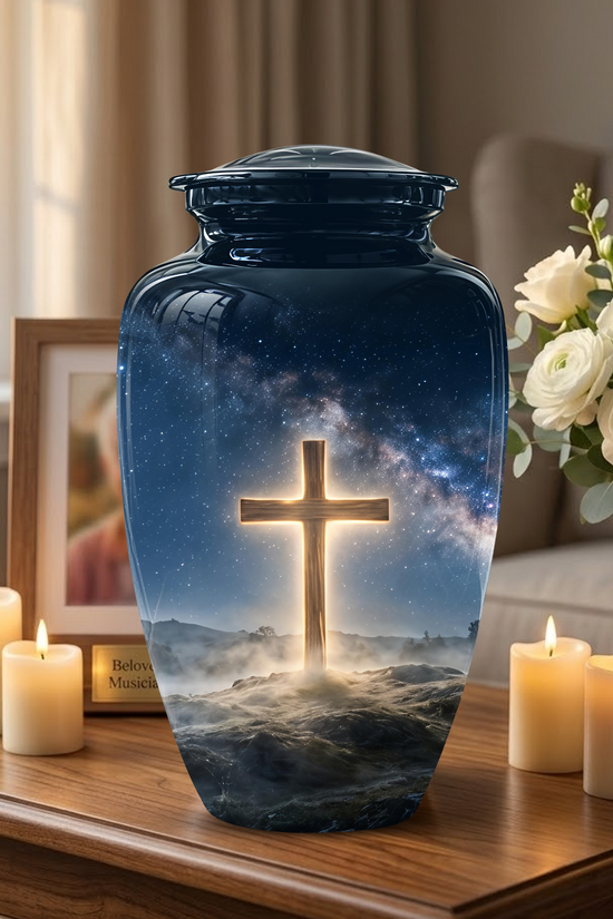 Jesus Cross In Night Sky Urn - Artistic Funeral Memorial Urns For Human Ashes