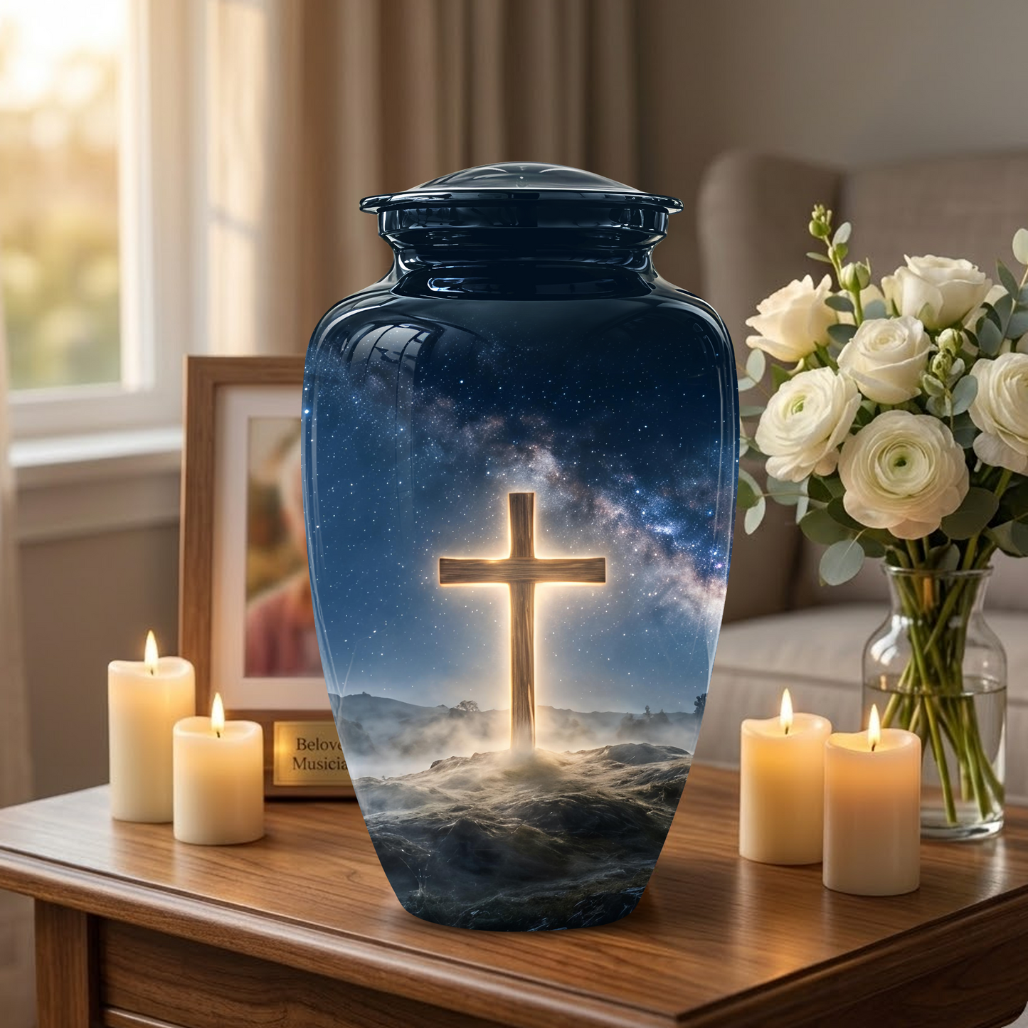 Jesus Cross In Night Sky Urn - Artistic Funeral Memorial Urns For Human Ashes