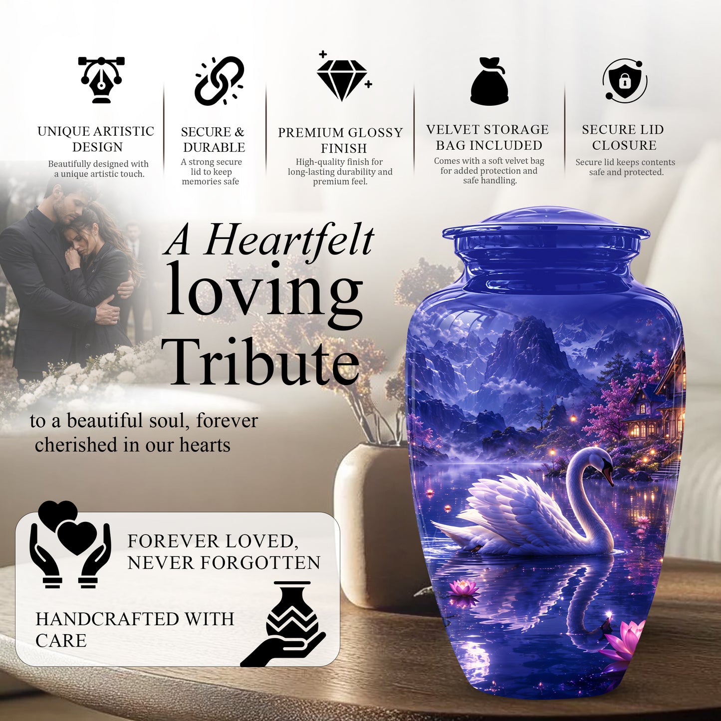White Swan Cremation Urn - Night Landscape Funeral Urns For Human Ashes