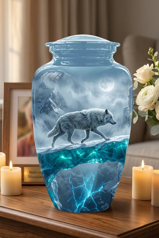 White Wolf In Snow Themed Urn - Classic Custom Urns For Human Ashes
