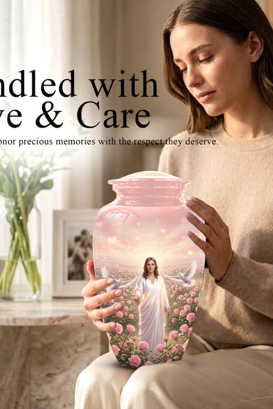 Jesus Christ And Roses Cremation Urn - Dove Memorial Urn For Ashes