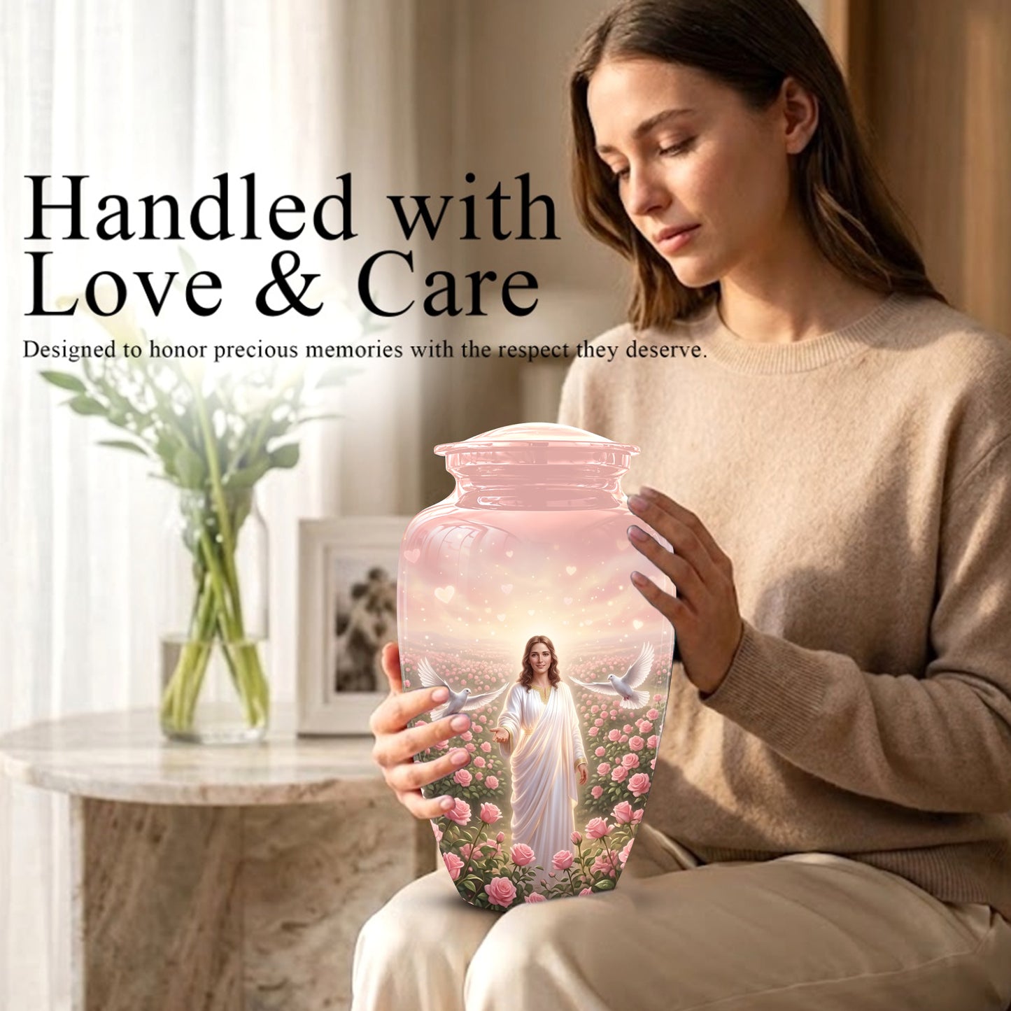 Jesus Christ And Roses Cremation Urn - Dove Memorial Urn For Ashes