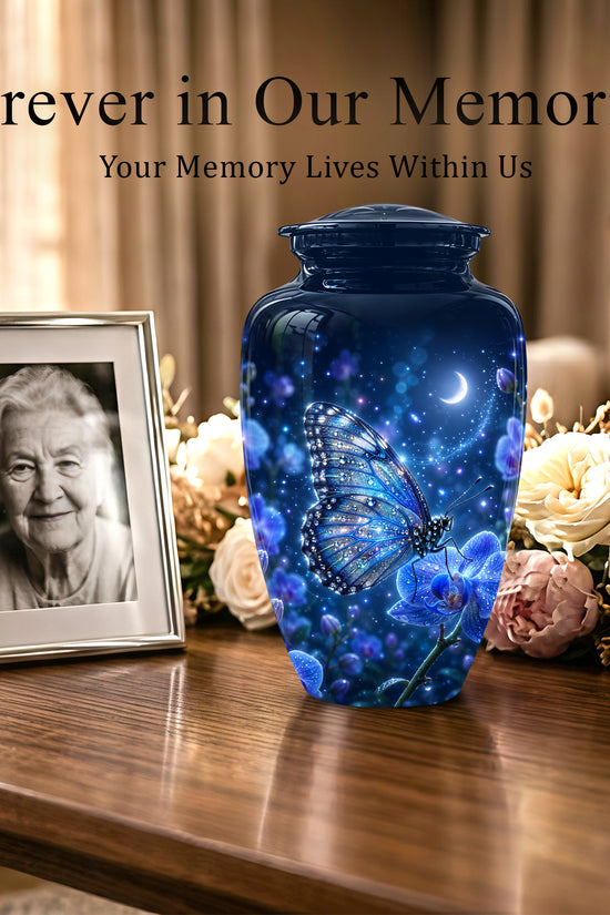 Blue Butterfly On Flower -Starry Night Burial Urns For Human Ashes