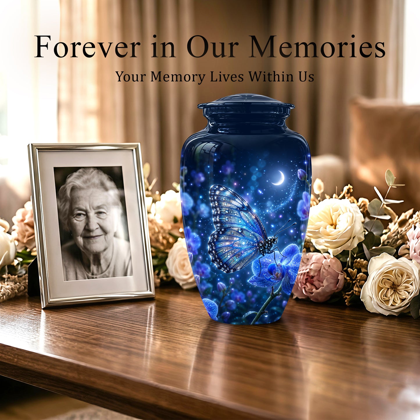 Blue Butterfly On Flower -Starry Night Burial Urns For Human Ashes