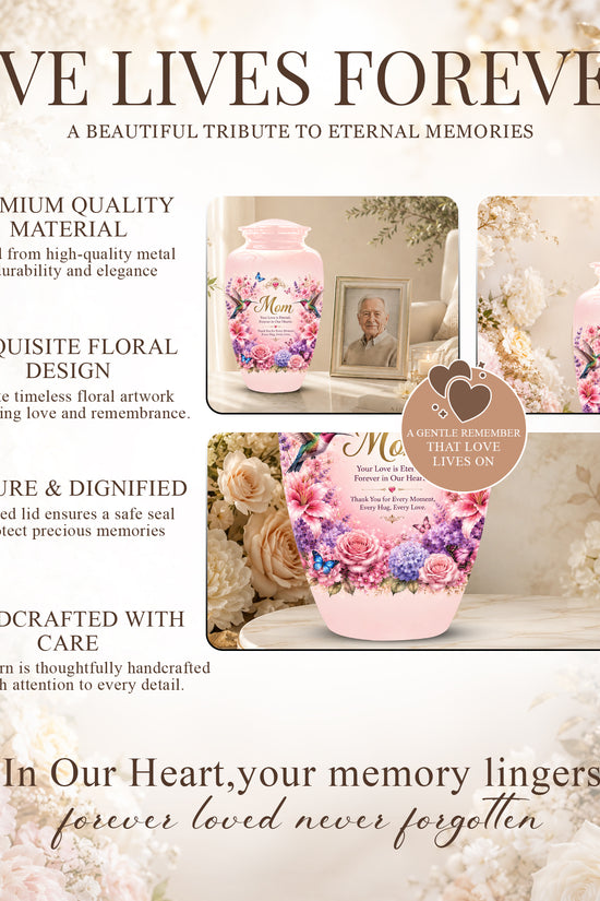 Hummingbird Floral Memorial Urn for Mother – Pink Aluminium Cremation Urn for Loved ones
