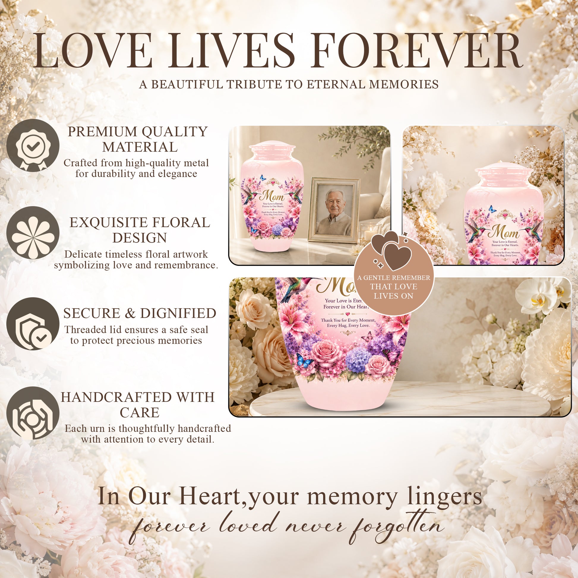Hummingbird Floral Memorial Urn for Mother – Pink Aluminium Cremation Urn for Loved ones