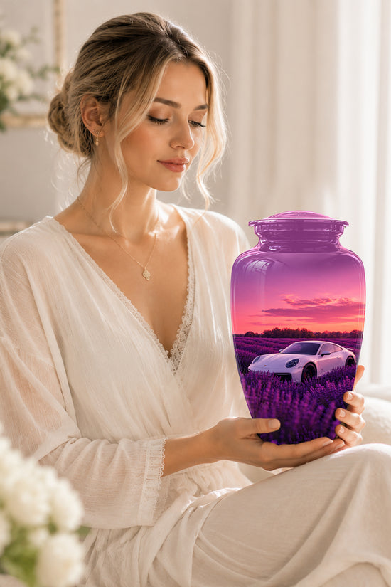 White Car Funeral Urn - Sunset Memorial Urns For Women Car Enthusiasts