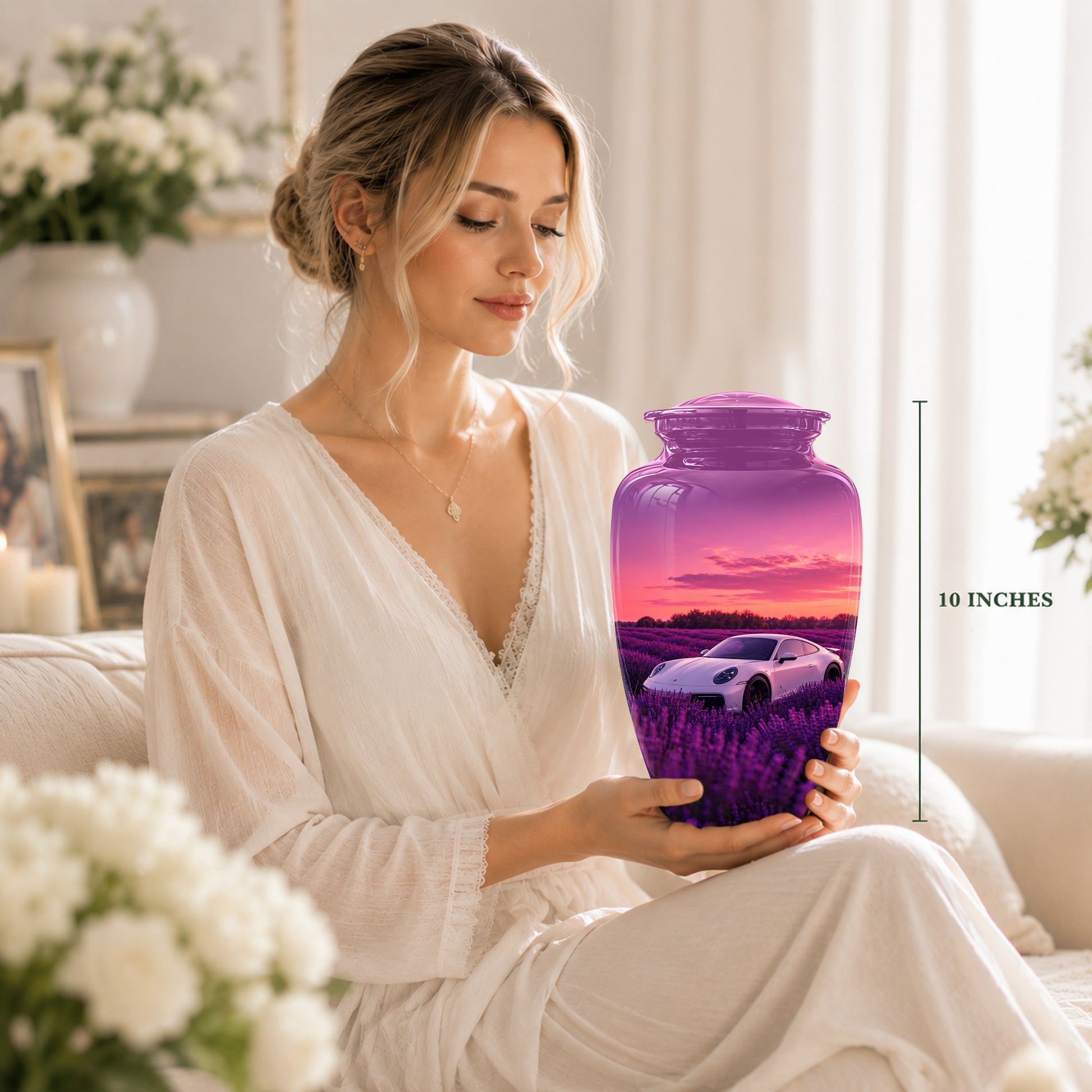 White Car Funeral Urn - Sunset Memorial Urns For Women Car Enthusiasts