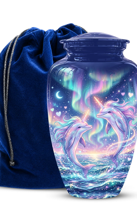 Decorative urn with dolphins and a blue drawstring bag on a white background