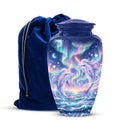 Decorative urn with dolphins and a blue drawstring bag on a white background