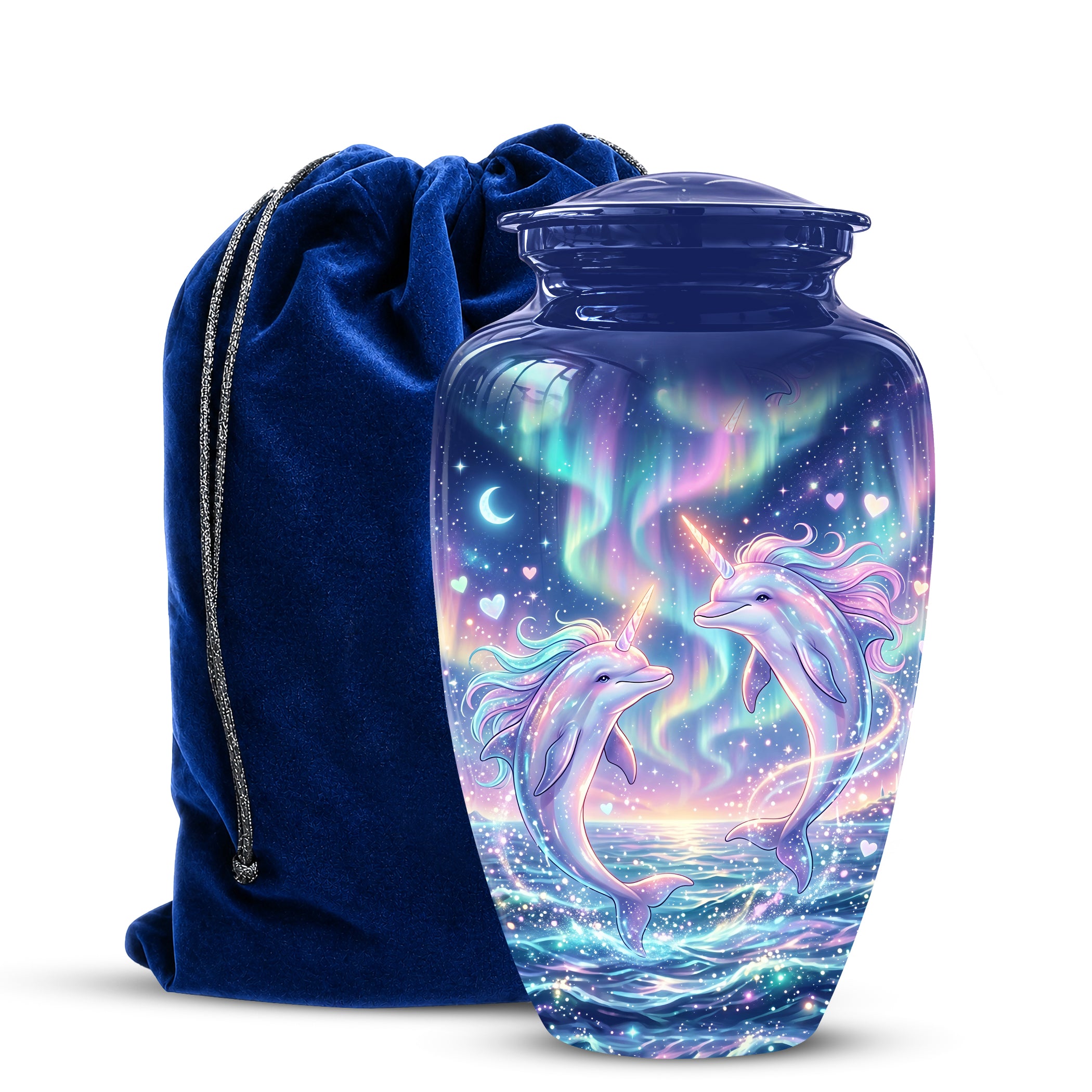Decorative urn with dolphins and a blue drawstring bag on a white background