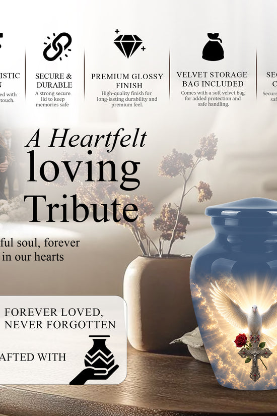 White Dove Bird With Rose - Blue Memorial Urns For Human Ashes