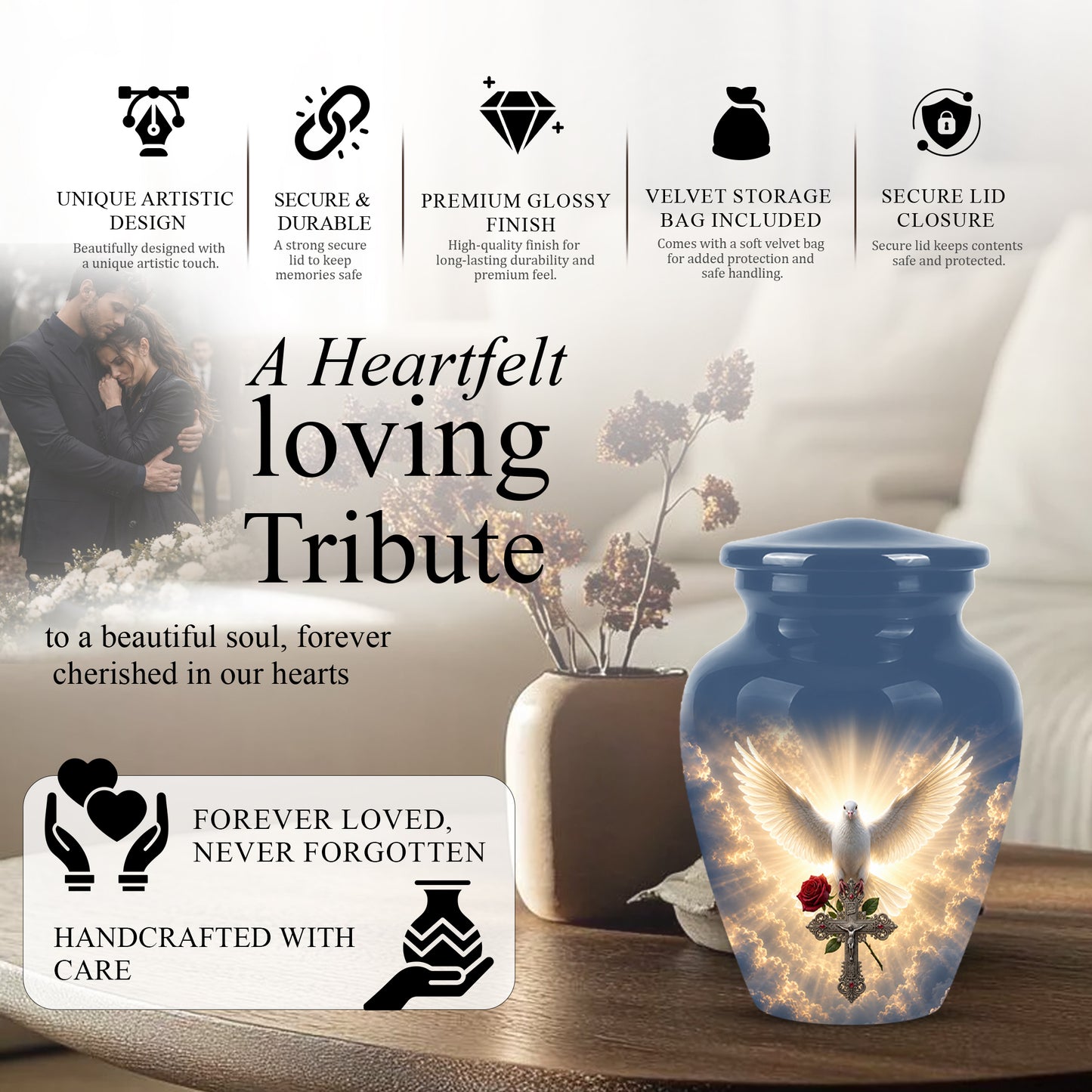 White Dove Bird With Rose - Blue Memorial Urns For Human Ashes