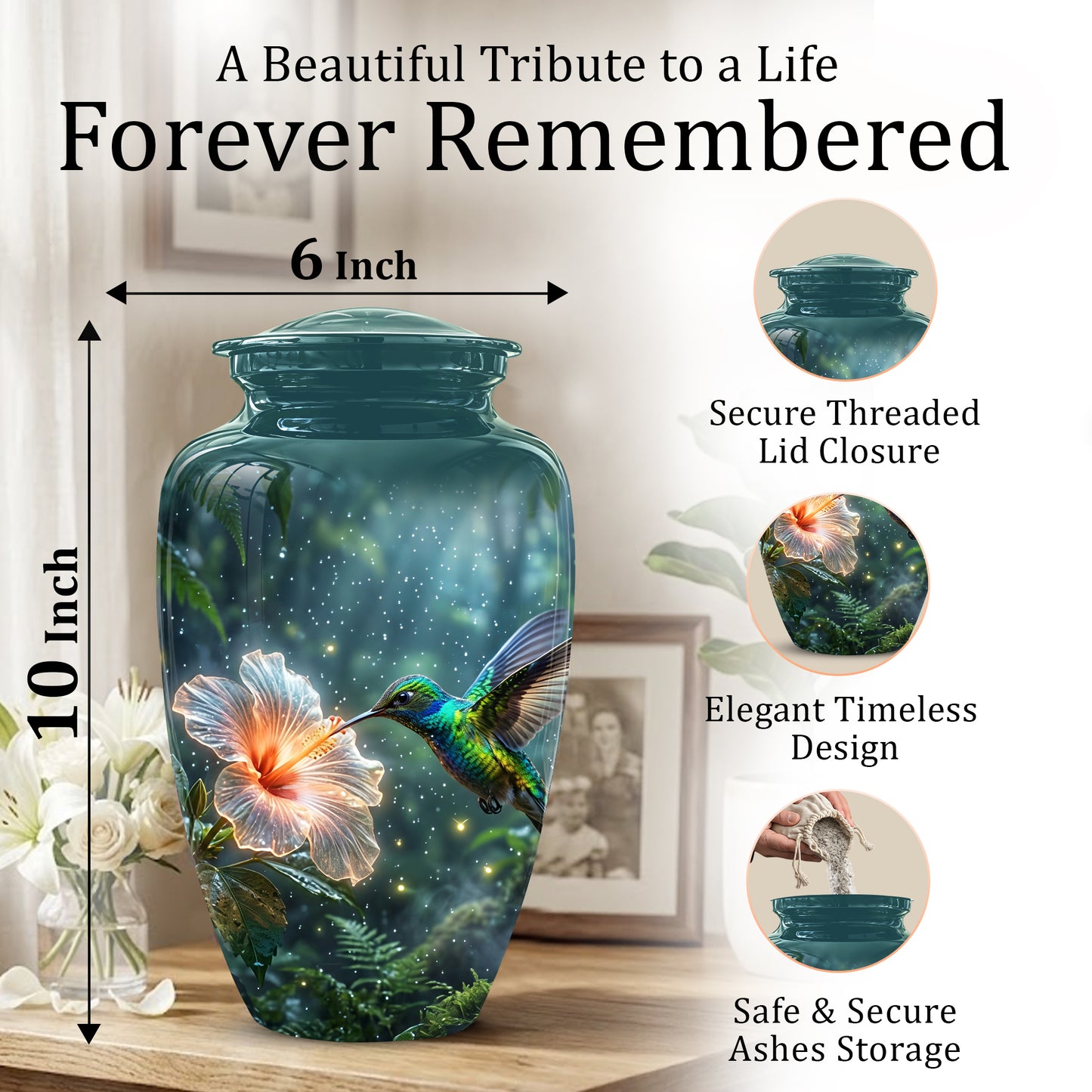 Hummingbird Cremation Urn for Ashes - Elegant Floral Memorial Urn