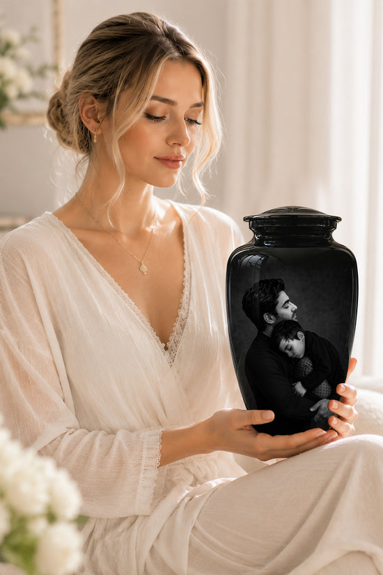 Black Father & Son Memorial Urn - Custom Cremation To Tribute Dad Ashes