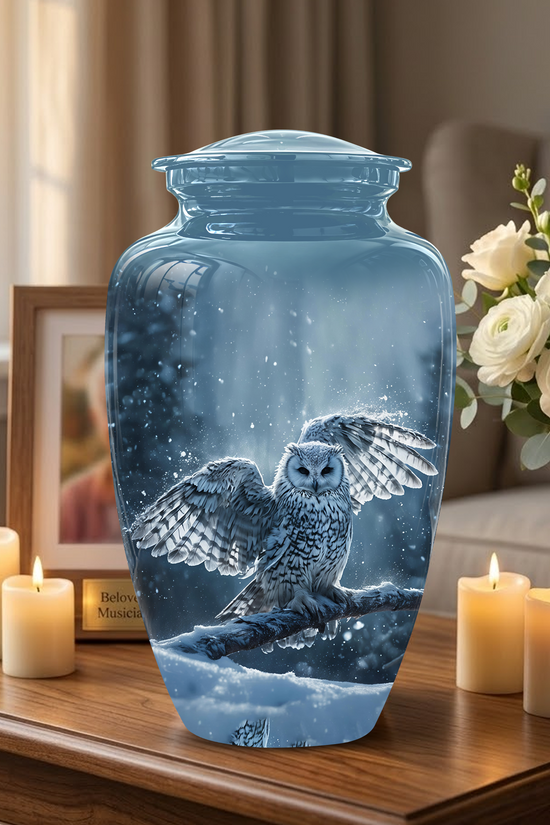 Snowy Owl Cremation Urn - Blue Funeral Urns For Human Ashes