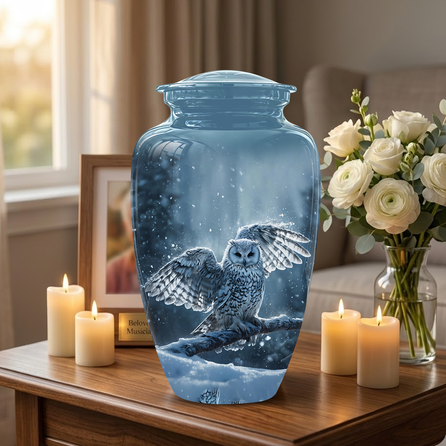 Snowy Owl Cremation Urn - Blue Funeral Urns For Human Ashes