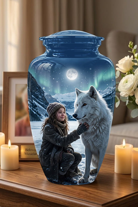 Snowy Moonlit White Wolf Urn for Ashes | Custom Memorial Urn