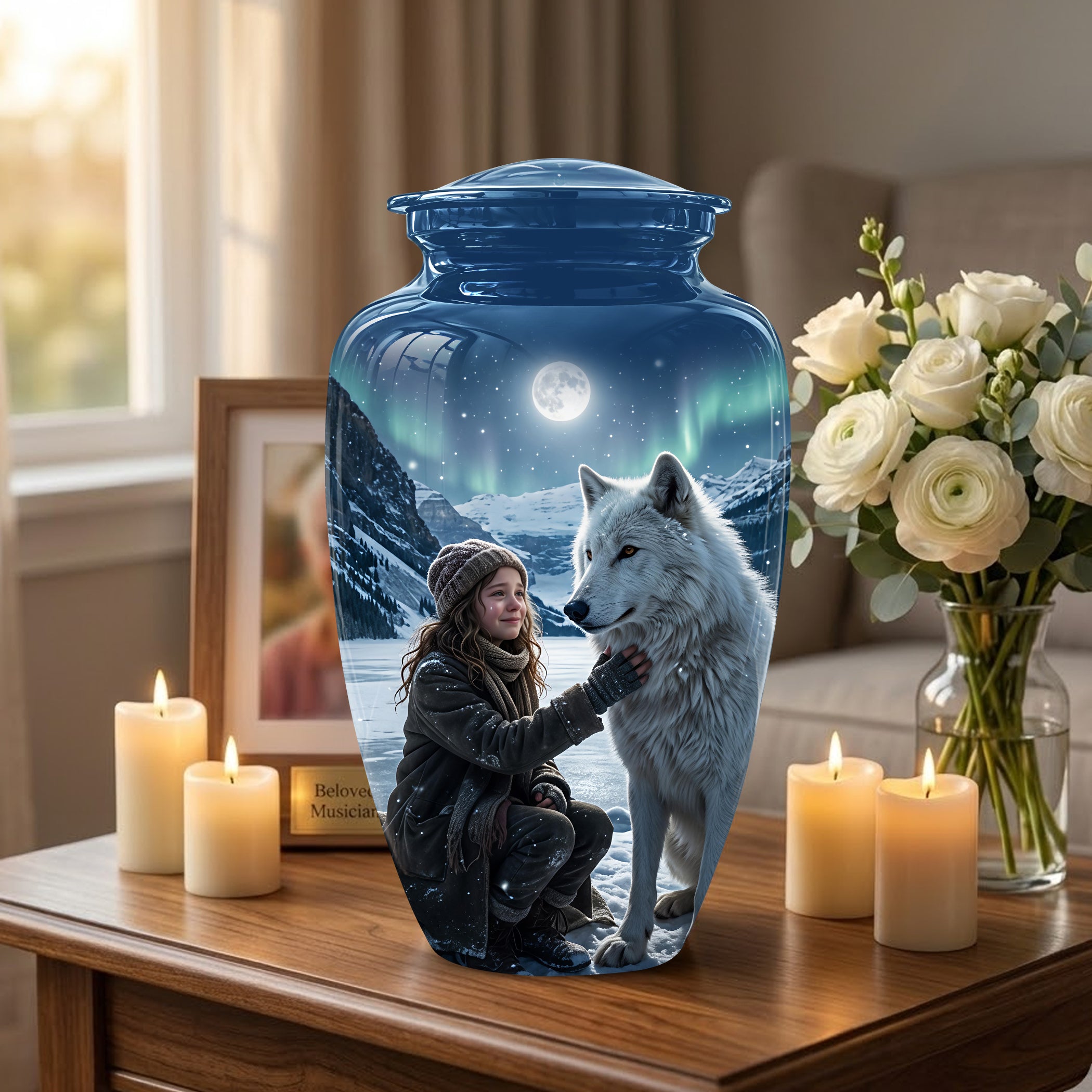 Snowy Moonlit White Wolf Urn for Ashes | Custom Memorial Urn