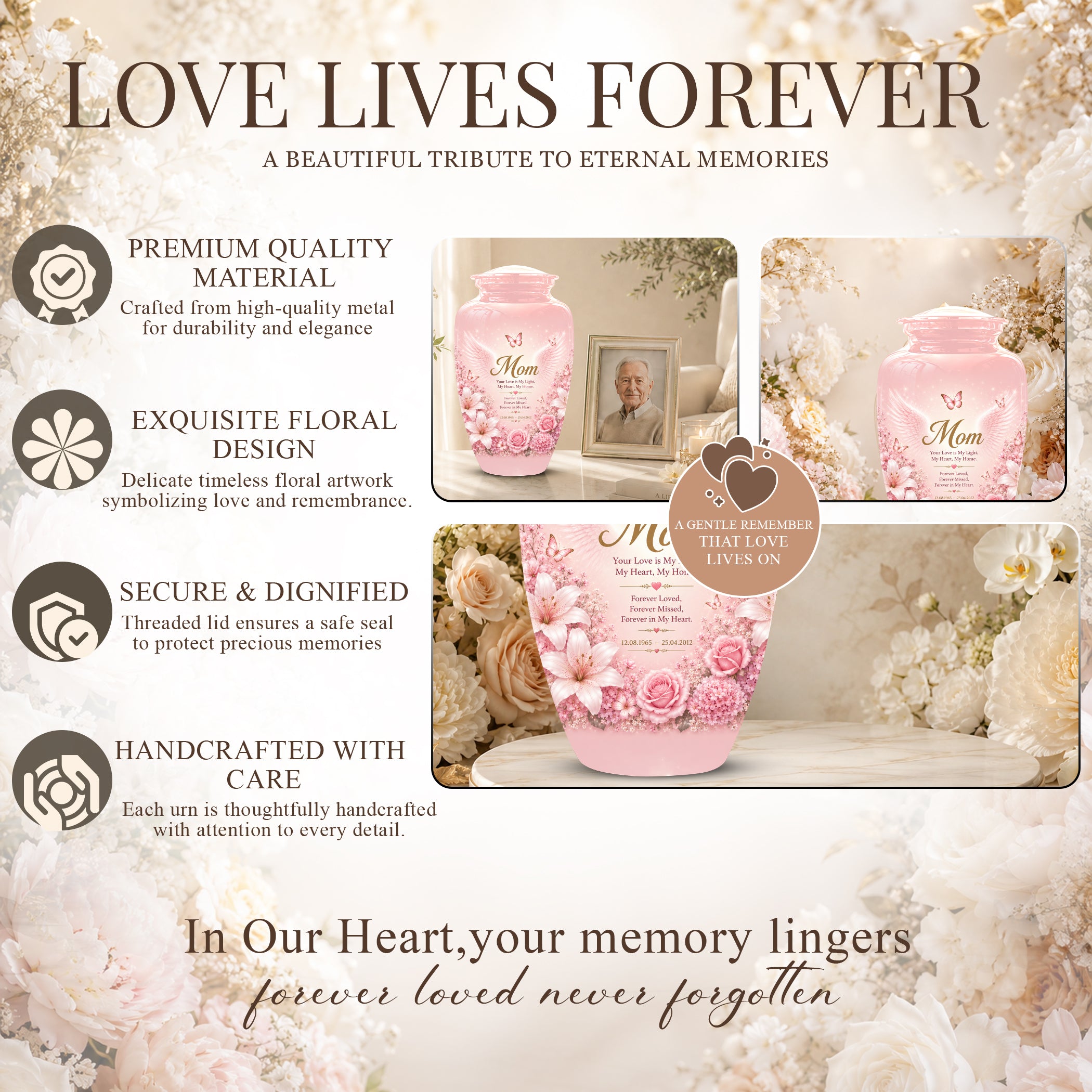 Angel Wings Funeral Urn for Mom – Pink Aluminium Burial Urn for Human Ashes