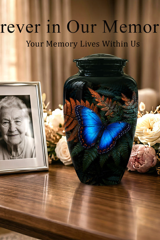 Blue Butterfly Cremation Urns - Black Memorial Urns For Women Ashes