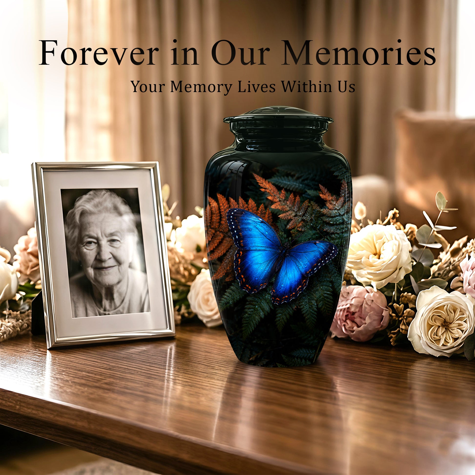 Blue Butterfly Cremation Urns - Black Memorial Urns For Women Ashes