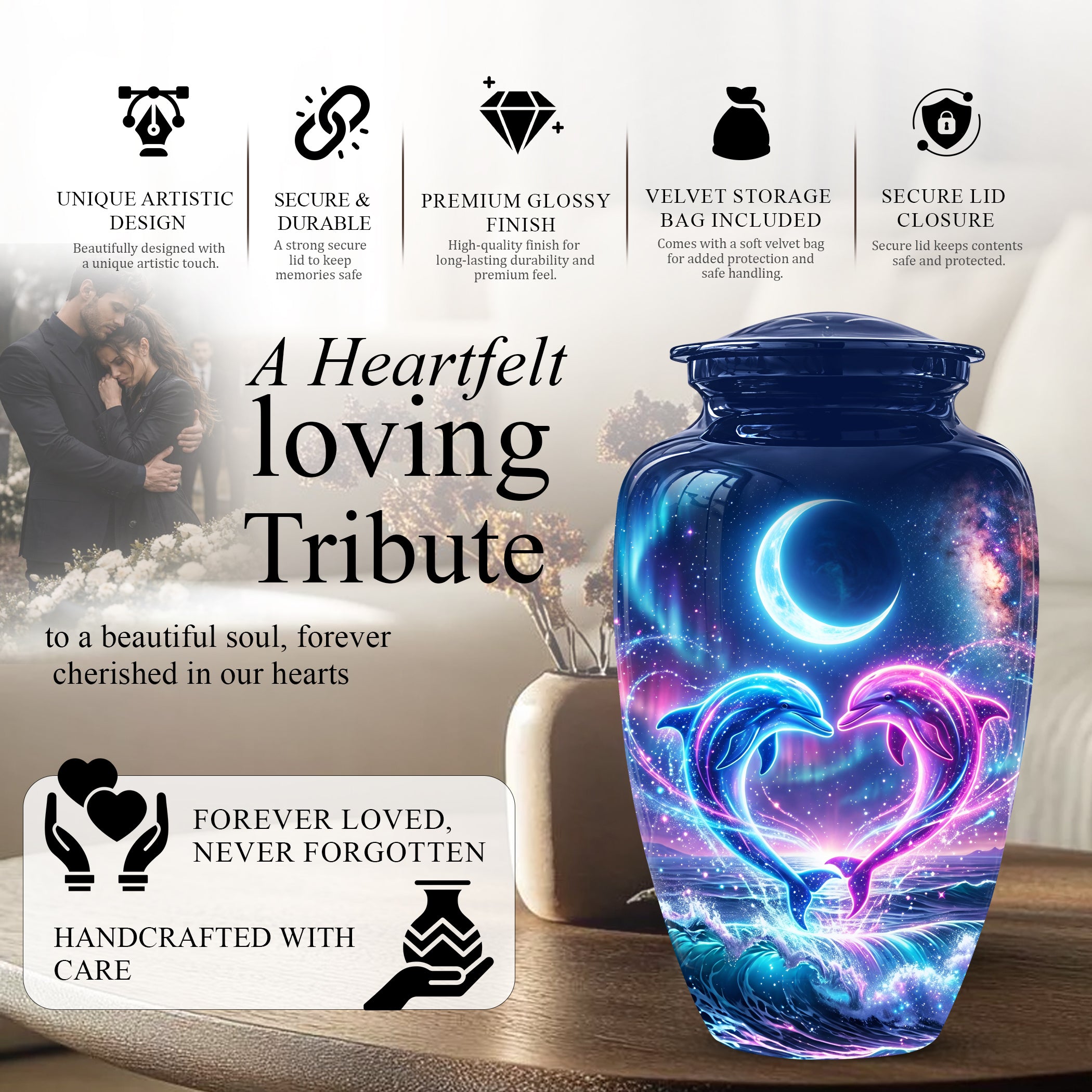 Heart Dolphin Cremation Urn for Ashes – Celestial Moon Memorial Urns
