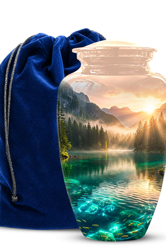 Serene Mountain Lake Cremation Urn- Custom Memorial Art Urns For Ashes