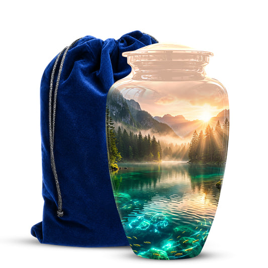 Serene Mountain Lake Cremation Urn- Custom Memorial Art Urns For Ashes