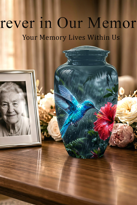 Blue Hummingbird With Red Flower - Personalized Memorial Urns For Ashes