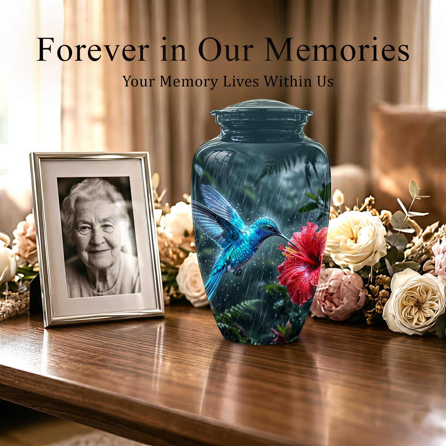 Blue Hummingbird With Red Flower - Personalized Memorial Urns For Ashes