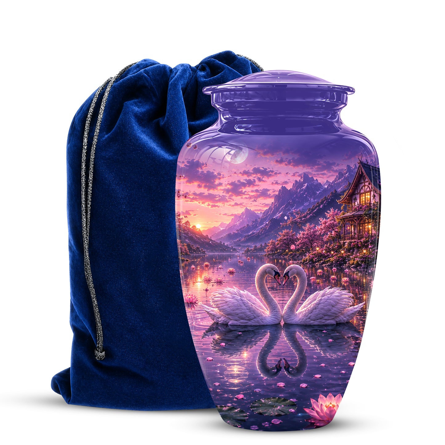 Couple Swan Cremation Urn - Purple Memorial Urns For Loved Ones Ashes