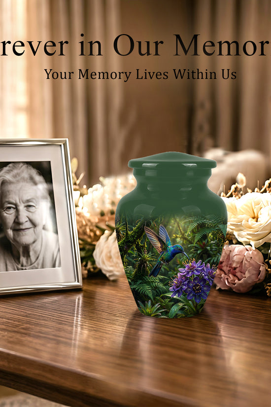 Flying Hummingbird Themed Urn - Beautiful Purple Flower Cremation Urns