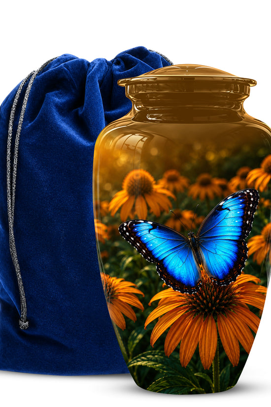 Blue Butterfly On Flower Cremation Urn - Personalized Urns For Mom Ashes