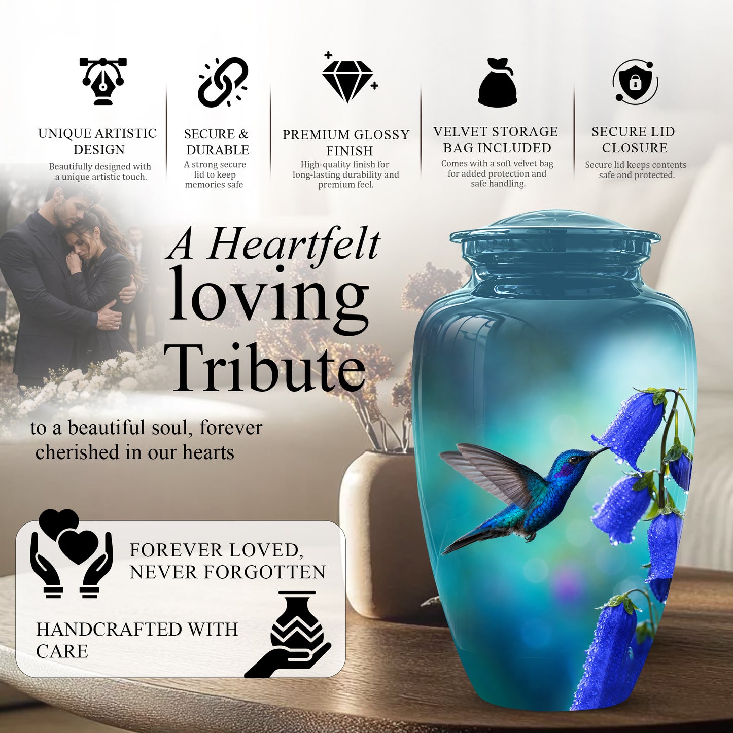 Blue Hummingbird Custom Urn - Majestic Funeral Urns For Ashes On Sale