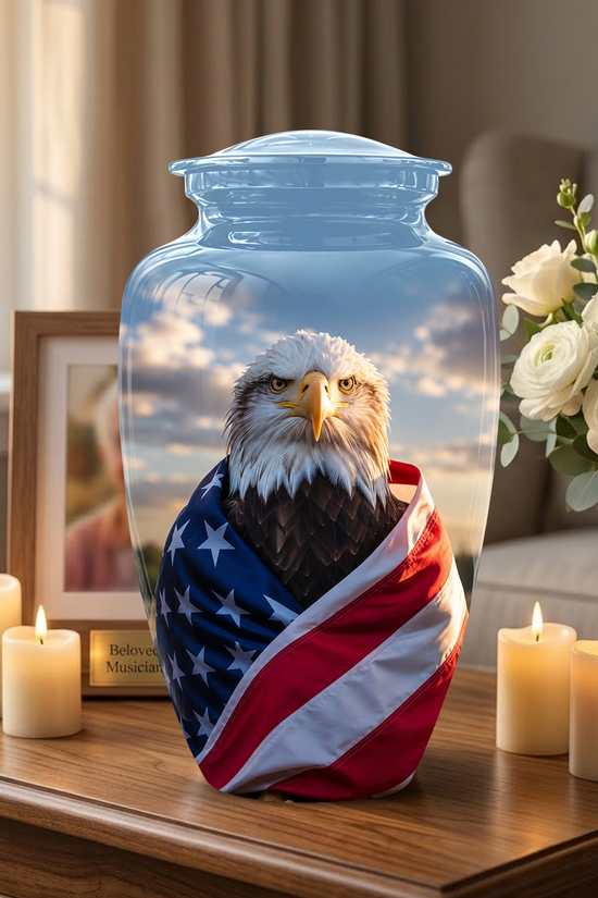 Bald Eagle Draped in American Flag - Patriotic Burial Urns For Human Ashes