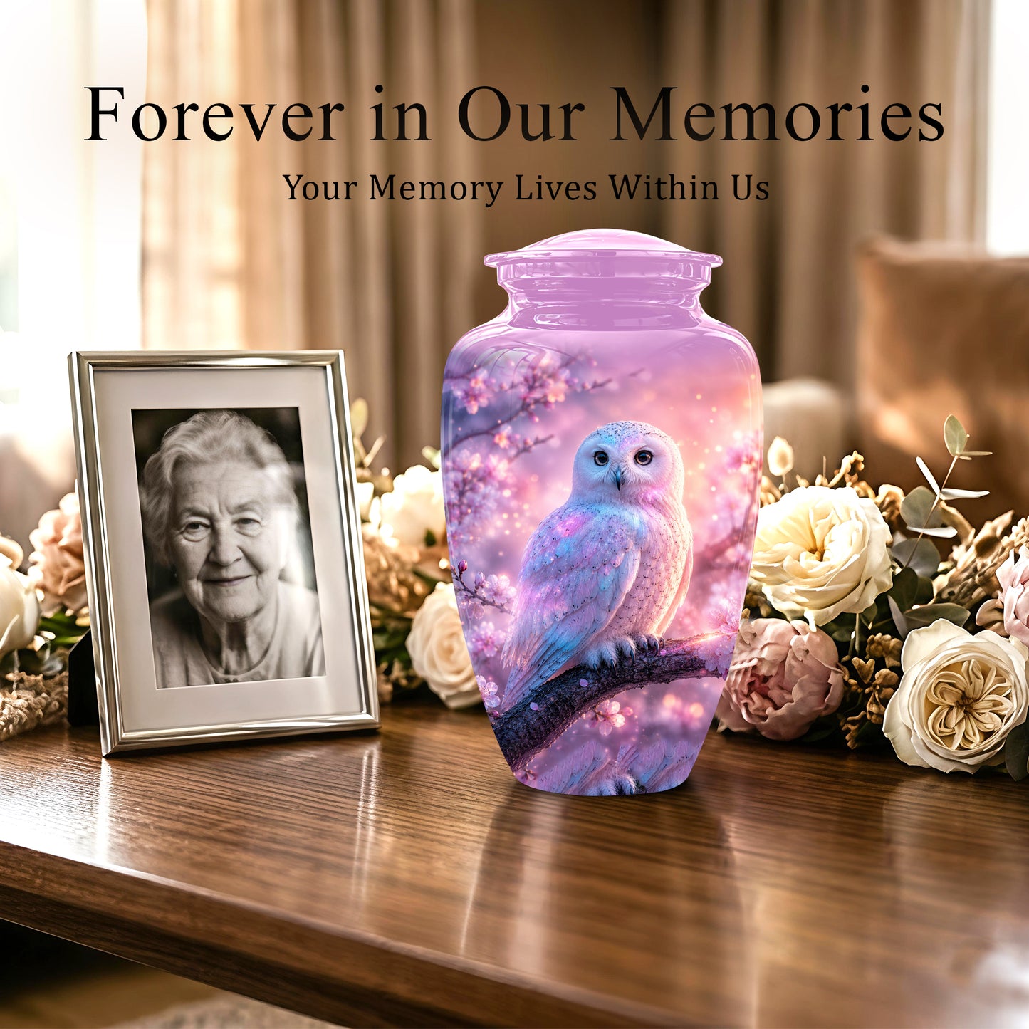 White Owl Cremation Urn - Beautiful Pink Memorial Urns For Human Ashes