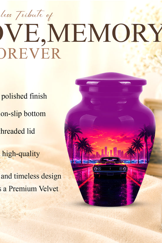 Neon Sunset Cityscape Sports Car Urn - Artistic Cremation Urn On Sale